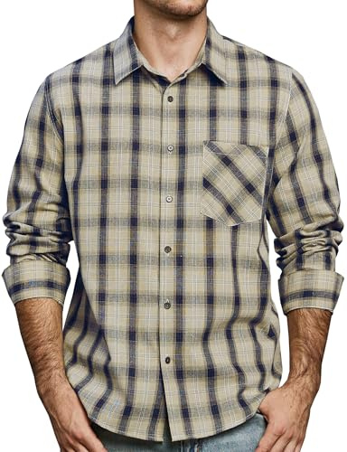 JOGAL Camicia da uomo a quadri, a maniche lunghe, vestibilità regolare, camicia tradizionale con bottoni, in cotone, per il tempo libero, con tasca, beige., XL
