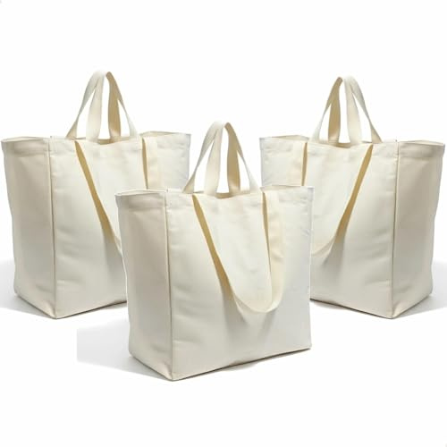 Greentique Bolsa de Tela Grande con Asa y Bandolera, Tote Bag Plegable Reutilizable de Lona Gruesa, Bolsa de Compra con Pockets, Bolsa de Tela para Compras, Playa, Mercado, Picnic