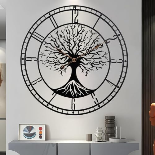TOHOOYO Grand arbre de vie Horloge murale en métal noir Grande décoration de maison salon avec chiffres silencieux moderne d'un demi-siècle
