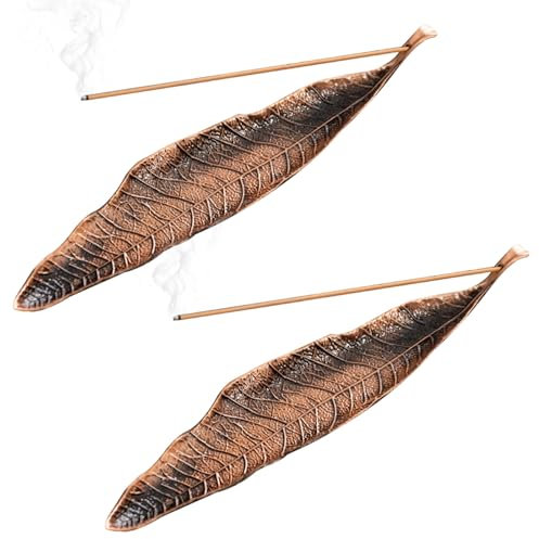 Porta incenso in bronzo da 2 pezzi con foglie in metallo, raccogli cenere per bastoncini di incenso lunghi, 21 cm, ideale per casa, ufficio, meditazione, yoga, include mini scopa