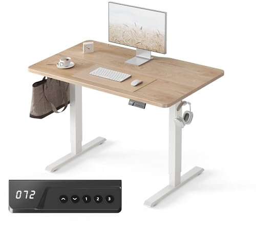FEZIBO Electric Standing Desk 100 x 60 cm, Height Adjustable Sit Stand Desk with 3 Memory Presets, Home Office Computer Desk, White Frame with Oak Top