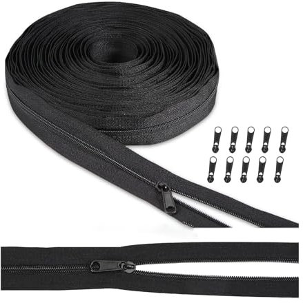 Altaroo Endlosreißverschluss mit Zipper, Reissverschluss Nylon Schwarz 5m, ReißVerschluss mit 10 Zipper Metall Schwarz, ReißVerschlüsse, Zipper, Reisverschluss Teilbar für Bettwäsche Kleidung Tasche