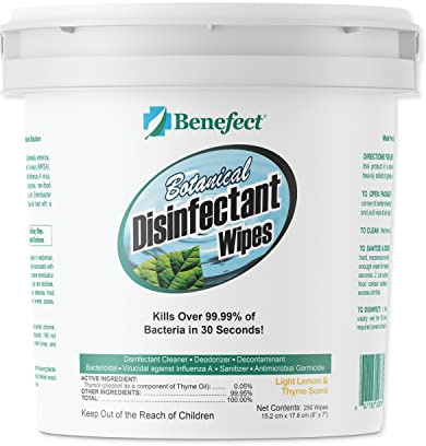 Benefect Botanical Disinfecting Wipes - (250 Wipe Count) Natural, No Residue - Antibacterial Disinfectant, Multi-Surface Cleaning and Sanitizing Wipes