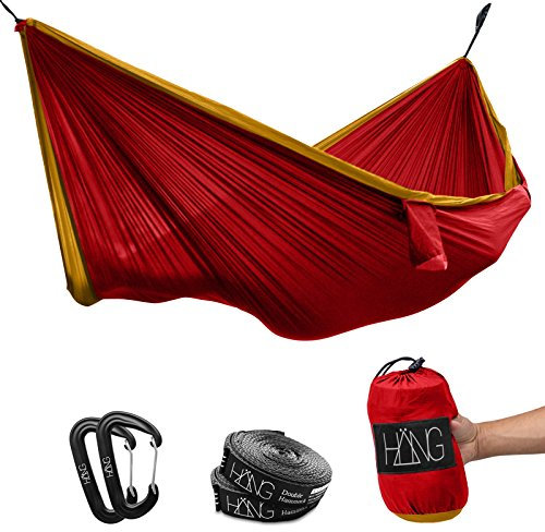 HÄNG® Camping Hängematte Outdoor Nylon Fallschirmseide für 2 Personen - 300 x 170cm Mobile Ultra-leicht Atmungsaktiv Hammock - Bis 200kg inklusive Aufhängung für Reise, Strand, Garten - Bordeaux/Gold
