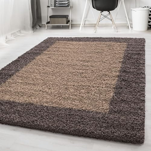 Carpetsale24 Hochflor Teppich Shaggy mit Bordüre 160x230 cm Taupe, 2-farbig, flauschig & weich, modernes Design, rechteckig, perfekt für Wohnzimmer