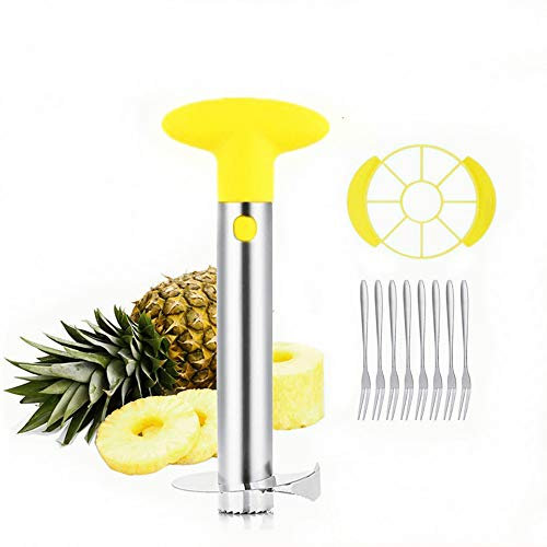 OITUGG Taglia Ananas - Sbuccia Ananas - Taglia Ananas Acciaio Inox - Affetta Ananas con 8 pezzi Frutta Forchette e 1 pezzi Ananas tagliato a spicchi (Giallo)