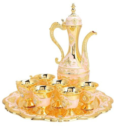 Cafetière Turque Vintage avec 6 Tasses à Café,Ensemble de Cafetière Turque Vintage en Métal Comprenant Une Théière Artisanale Tasses à Thé pour Servir Du Thé, Zam, Café, Cappuccino(Or)