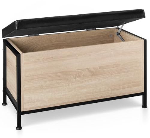 tectake® Coffre de Rangement 81,5 x 41,5 x 50,5 cm, avec Banquette matelassée en Similicuir, Banquette Coffre 88 L, Style Industriel, Meuble de Rangement pour Salon, Chambre, Dressing, Bureau