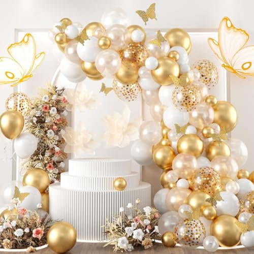 Kit Arche Ballons Or et Blanc avec Autocollants Papillon, 104 Pièces Kit Guirlande Ballon Decoration Anniversaire Or et Blanc pour Anniversaire, Mariage, Fête Prénatale, Décoration de Fête Bohème