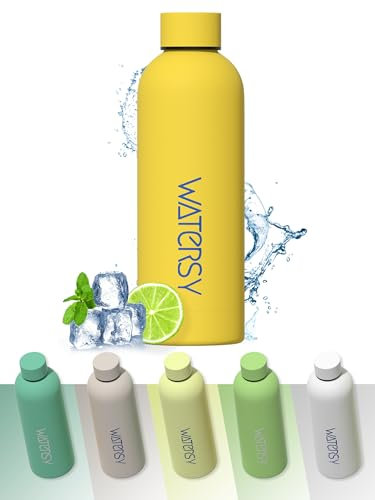 WATERSY Thermosflasche 500ml Edelstahl Trinkflasche, BPA-freie Water Bottle Auslaufsicher Wasserflasche Sport Thermoskanne 24h Kalt & 12h Warm ideal für Schule,Büro,Sporthalle,Gelb