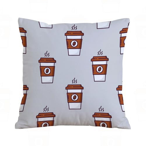 AELKSP Kissenbezug Kissenhülle Haus Dekorativ Für Jungen/Mädchen Wohnzimmer Schlafzimmer Sofa Stuhl Kissenbezüge,Nahtloses Muster mit Einer Tasse Kaffee auf grauem Hintergrund. Flaches Desig,45x45 cm