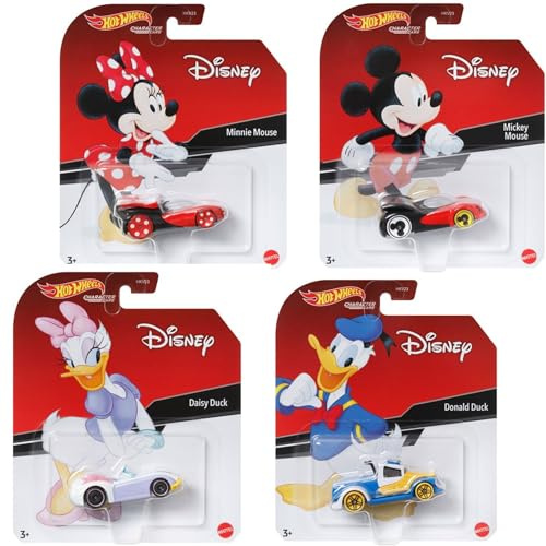 Hot Wheels Disney Character Cars – 4-Pack Bundle Featuring Mickey Mouse, Minnie Mouse, Donald Duck & Daisy Duck | 1:64 Scale Die-Cast Vehicles – Mattel Ages 3+