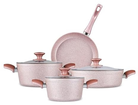 Karaca Bio Granit Töpfe und Pfannen Set, Antihaft-Kochgeschirr Set mit Glasdeckeln, 7-teilig, Kratzfest, spülmaschinengeeignet, Küchen-Kochutensilien, Induktion Roségold Topfset