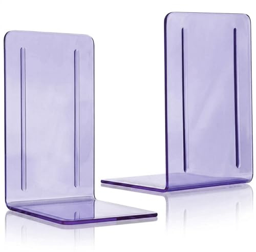 Acrimet Bookends 1 Pair, Clear Plastic Bookends for Shelves or Desktop, Book Holder for Home, Office, Library, School (Clear Purple Color)