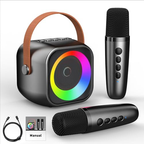 Karaoke-Maschine für Kinder und Erwachsene, tragbares Bluetooth-Mini-Karaoke-Mikrofon, singender Lautsprecher mit 2 kabellosen Mikrofonen und Licht, Spielzeug für alle Smartphones (schwarz)