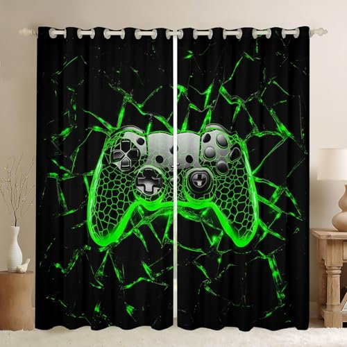 Green Honeycomb Gamepad Kids Window Curtains,Video Games Gamepad Gaming Gamer Bedding Set for Boys Men,Abstract Geometric Patch Neon Fashion Window Treatments Grommet Top 2 Panel Set,66Wx90L inch