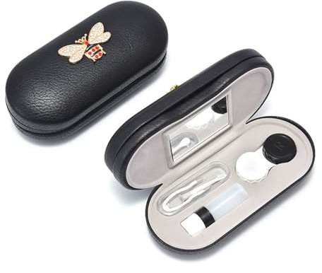 Wasise Contact Lens Cases - Eyeglass Case Hard Shell, Double Sided Portable Contact Lens Box, Glasses British Style Accessories, Multi-Function with Tool, Built-in Mirror, Leather Storage Box (Black)