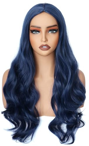Colorfulpanda Peluca larga ondulada natural, pelo sintético rizado, disfraz encantador, carnaval, fiesta, Halloween, cosplay, 65 cm (azul oscuro)
