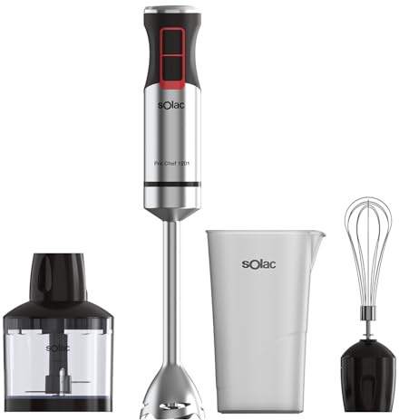 Solac - Batidora de Mano Pro Chef 1201, 1200W, 21 Velocidades Ajustables + Turbo, 4 Cuchillas Acero Inoxidable, Pica Hielo, Antisalpicaduras, Accesorios Incluidos, Vaso Medidor, Negro y Metálico