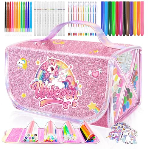 JYPS Feutres Coloriage Enfants, 70 Pièces Licorne Lavable Parfumés Marqueur Set avec Paillette Trousse, Crayons, Feutre, Malette Dessin Couleur Fille 4-12 ans, Papeterie Licorne Cadeau Filles de Noël