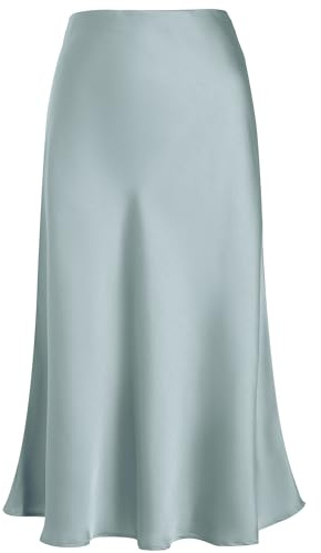 Eisnnu Women's Satin Skirt High Waist Silk Solid Color Skirts Plus Size A-Line Midi Zipper Fishtail Skirts for Job Party (UK, Alpha, S, Regular, Regular, Gray Green)