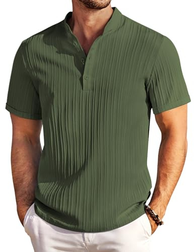 COOFANDY Camisa Henley de Verano para Hombre - Camisa Informal de Manga Corta con Cuello Alto Tejido con Textura para Playa y Verano | Ligero elástico, de secado rápido, cuello Henley, perfecto para vacaciones o ocio, ajuste regular