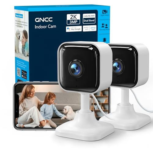GNCC 2K 3MP Telecamera WIFI Interno Supporta 2.4G/5G WiFi, Videocamera Sorveglianza Interno Wifi, Mini Camera, Visione Notturna a Infrarossi, Rilevamento del Movimento e Citofono Bidirezionale, Kit 2