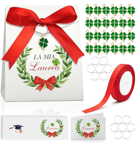 50 Set Scatoline Portaconfetti Laurea con Bigliettini e Quadrifoglio – Scatole Confetti Fai da Te con Anello Incluso, Bomboniere Complete per Festa Universitaria