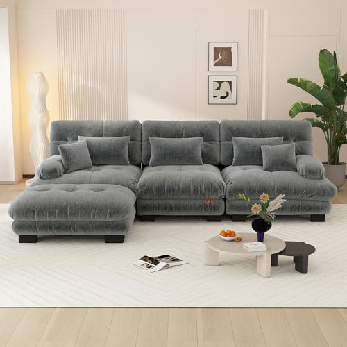 Canapé d'angle convertible moderne de 313 cm, grand canapé d'angle convertible 3 places avec pouf pour salon, canapé modulable profond avec structure en bois massif et revêtement en chenille, Gris