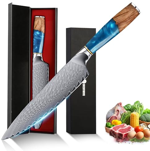 hoforife Coltello da Chef 20 cm, Giapponese Damasco 67 Strati - Anima in Acciaio VG10 ad Alto Contenuto di Carbonio - Manico Ergonomico in Legno - con Custodia Regalo (Blu e marrone)