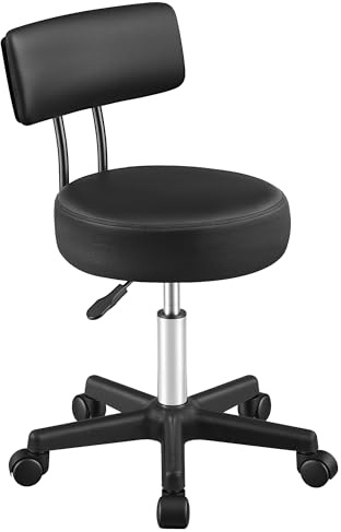SONGMICS Round Rolling Stool with backrest, PU Leather Swivel Salon Chair, Adjustable Height Work Seat with Wheels, 50 x 50 x (67-82) cm, for Beauty, Studio, Lab, Garage, Ink Black, OSC071B101