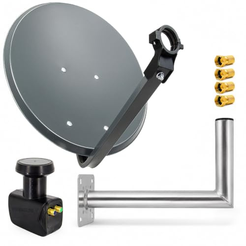 PremiumX Satelliten-Komplettanlage 60cm Anthrazit SAT-Antenne | Aluminium | Satellitenschüssel Twin LNB Wandhalter 45 cm ALU 4x F-Stecker