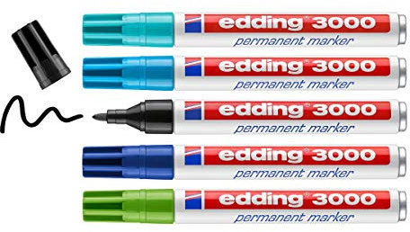 edding 3000 Permanentmarker - 3x blau, 1x grün, 1x schwarz - 5er Set - Rund-Spitze 1,5-3 mm - schnell trocknend, wasserfest, wischfest - für Karton, Kunststoff, Holz, Metall - Universalmarker