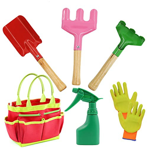 AGAKY Kinder-Garten-Set, 7-teilig, mit Schaufel, Rechen, Unkrautgabel und Tragetasche, langlebiges Gartenspielzeug für Kinder, Strandkelle Set, kleine Handwerkzeuge, Garten/Strand