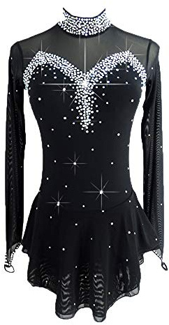 LIUHUO - Vestito da Pattinaggio per Ragazze e Donne Senza Schienale a Maniche Lunghe con Perline, Nero, S