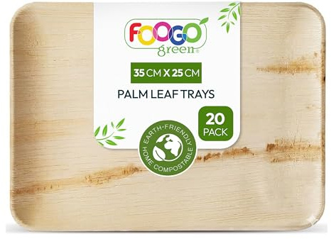 FOOGO Green 20 Bandejas Desechables de Hoja de Palma, Grandes 35x25 cm, Pizza, Entrantes, Canapés, Charcutería, Resistentes Como las Bandejas de Madera para Comida Caliente y Aperitivos
