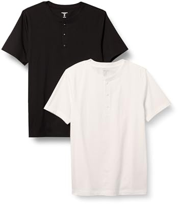 Amazon Essentials Maglietta Henley in Cotone con Maniche Corte Uomo, Pacco da 2, Bianco/Nero, XL