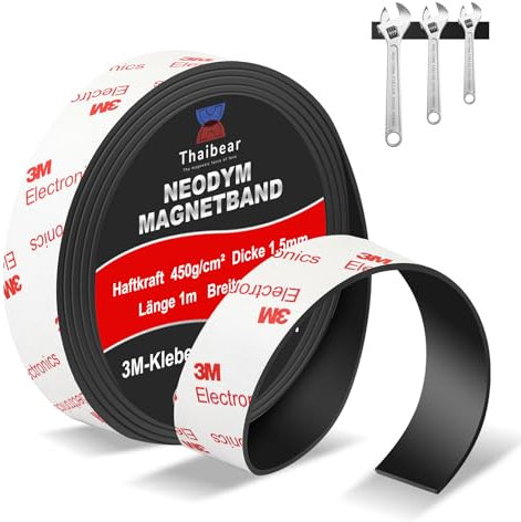 Thaibear Neodymium Magnetic Tape, Extra Strong Flexible Magnet Tape Strips Roll (15mm x 1m x 1.5mm) with Strong 3M Adhesive Backing, Magnetic Strips Heavy Duty Perfect for Wall, DIY, Art & Fridge