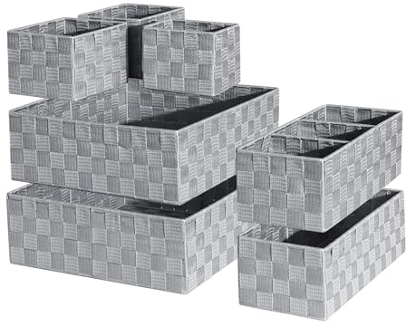 ORGMASTER Drawer Organizer, Cube Baskets for Storage Shelves, Handmade Small Woven Basket, Shallow Storage Bins for Organizing Desk, Dresser, Kitchen, Pantry, Nested 7 Pack, Gray