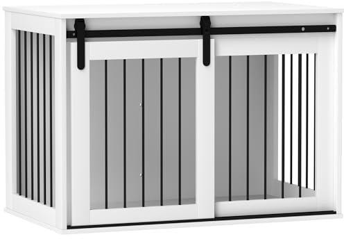 Jaula para Perros PawHut para casa, caseta para Perros con Cerradura y Entrada, caseta para Perros con Puerta corredera, caseta para Perros Grandes de Menos de 30 kg, Blanca, 98 x 58 x 61 cm