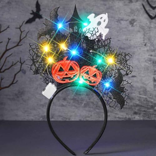 Reaky Bandeau lumineux d'Halloween avec éclairage LED en forme de citrouille, araignée noire, accessoire de cheveux pour femme