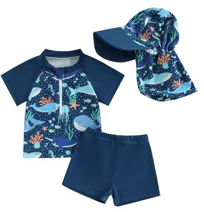 Traje de baño de bebé niño anti UV camiseta de manga corta y pantalones cortos de baño conjunto de 3 piezas traje de natación piscina playa, Azul Tiburón, 18-24 meses