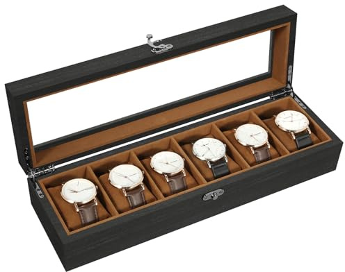Uten Boîte à Montres 6 Compartiments, Coffret à montres en Bois, Couvercle en Verre, Coffret de Rangement pour Montres pour Hommes et Femmes, Coussinets Coton de Soie, Doublure Marron, Idée Cadeau