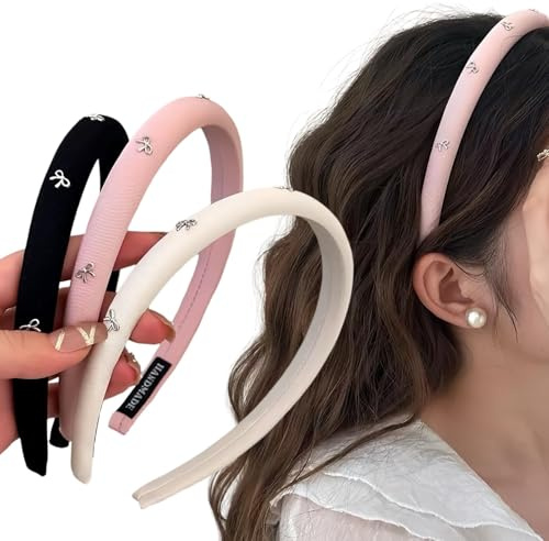 Uoocg 3 fasce per capelli in raso, da donna, in spugna, tinta unita, sottili, per donne e ragazze