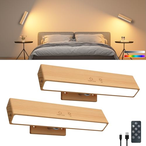 Lámpara Pared de Madera sin Cable con Control Remoto/Táctil, USB Recargable, 3 Modos+RGB y Brillo Ajustable. Adhesiva y Magnética 360° Giratoria Aplique para Mesita de Noche, Dormitorio, Lectura