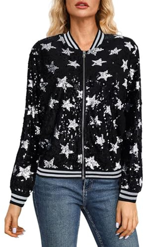 Generisk baseballjacka för damer, paljetter, bomberjacka med glitter, utomhusjacka, karneval, paljettjacka, bekväm fritidsjacka med dragkedja, glitterjacka, trendig karnevalsoutfit, silver, M