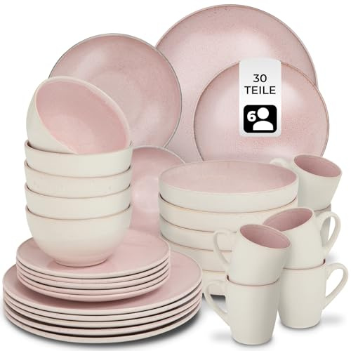 tectake® Set stoviglie 30 pezzi terracotta, servizio piatti 6 persone, set piatti moderni grandi, piccoli, fondi, ciotole, tazze, gres smaltato, design moderno, lavastoviglie microonde - Rosa