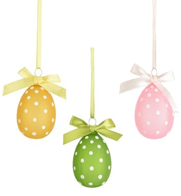 Huevos de Pascua para colgar, 4 x 6 cm, cristal, juego de 3 unidades, con puntos blancos y colgador, huevos decorativos para Pascua, primavera, color amarillo, verde y rosa