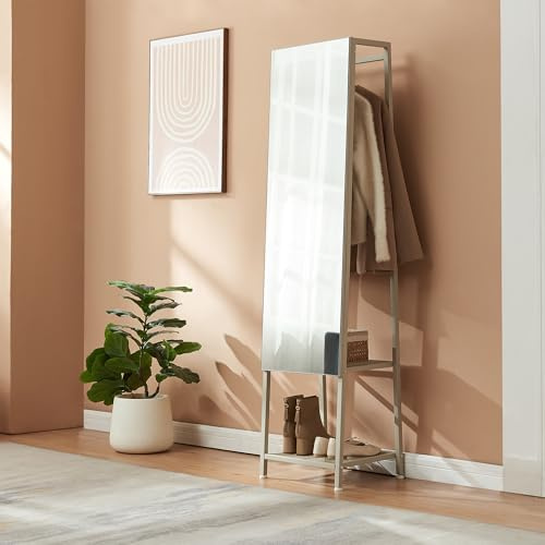 [en.casa] Specchio a Figura Intera con Appendiabiti Stand Porta Abiti Specchio Rettangolare da Terra Ripiani Barra Porta Vestiti per Ingresso Camera da Letto 160 x 40 x 35 cm - Avena Oatmeal