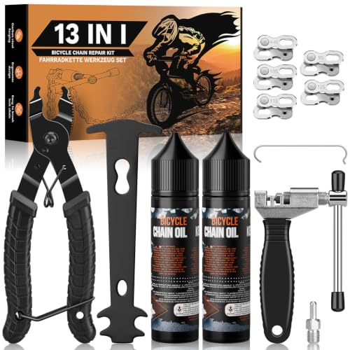 Scalnuvyyh Kit de réparation de chaîne de vélo avec 2 x 60 ml d'huile de chaîne, outil de réparation de chaîne de vélo avec rivetage, pince antichaîne, jauge de chaîne, 5 paires de rivets de chaîne de